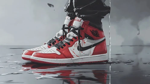 Street-lit crimson sneakers stride through mirrored rain.