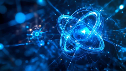 Glowing blue atom model with orbiting energy trails.
