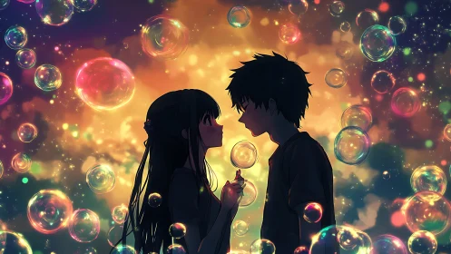 Silhouetted youths among floating bubbles at dusk.