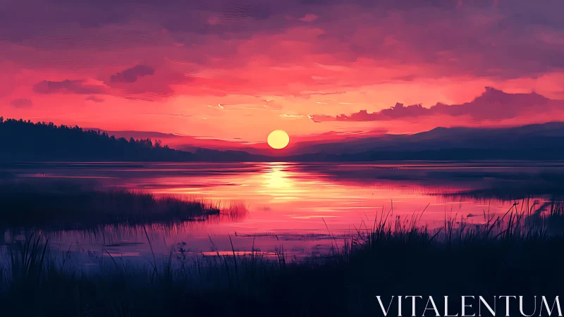 Golden sun settles gently over a tranquil pink lakeshore