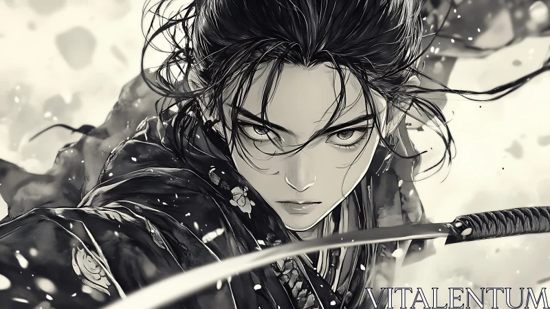 Samurai warrior locks blade in monochrome snowstorm fury.