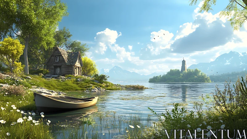 Alpine Lake Cottage: Serene Waterfront Landscape with Beacon Tower