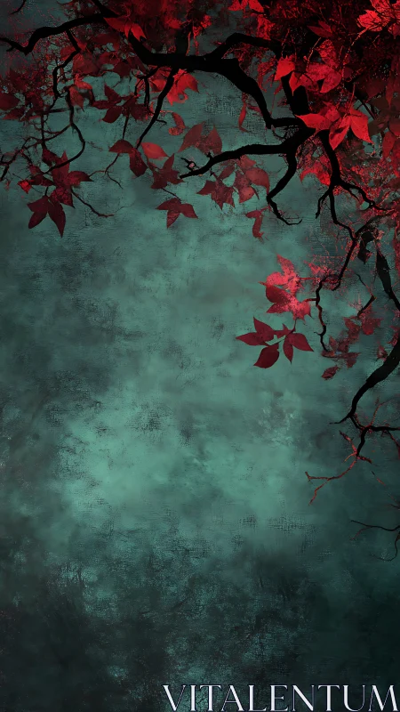 Red autumn branches descend over a dark teal misted sky