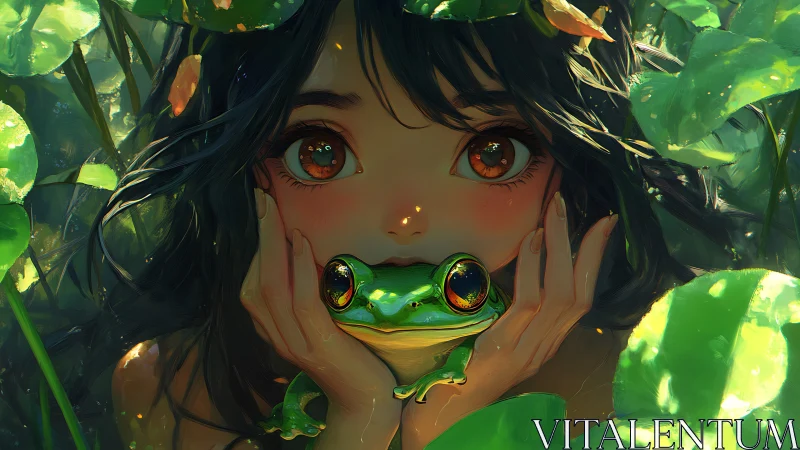 Girl holds a frog in dense green foliage under dappled light