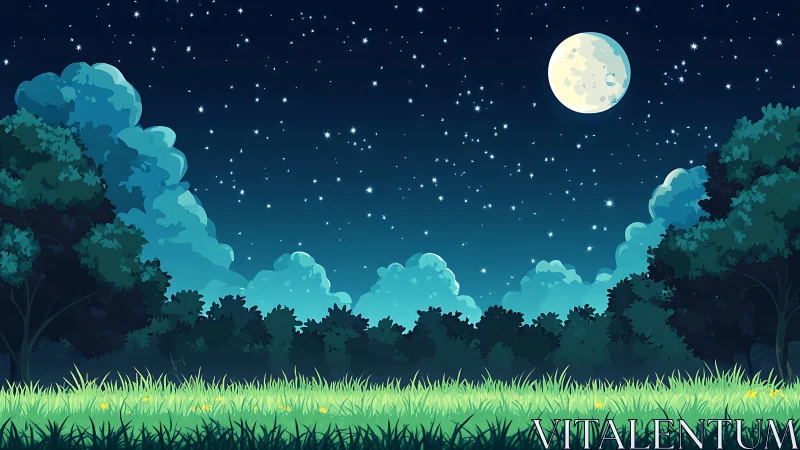 Moonlit night sky illuminates grassy clearing and tree line