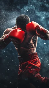 Warrior in crimson gloves stands defiant amid cosmic tempest.