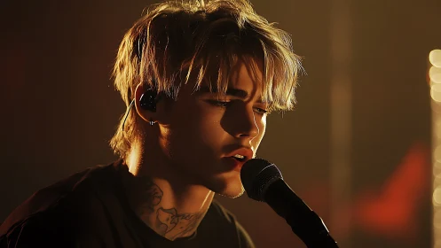 Male singer performing into mic under warm stage lights.