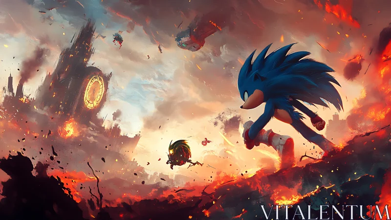 Blue hedgehog hero sprints through burning apocalyptic city