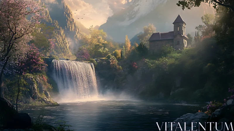 Digital painting of mountain waterfall with secluded chapel.