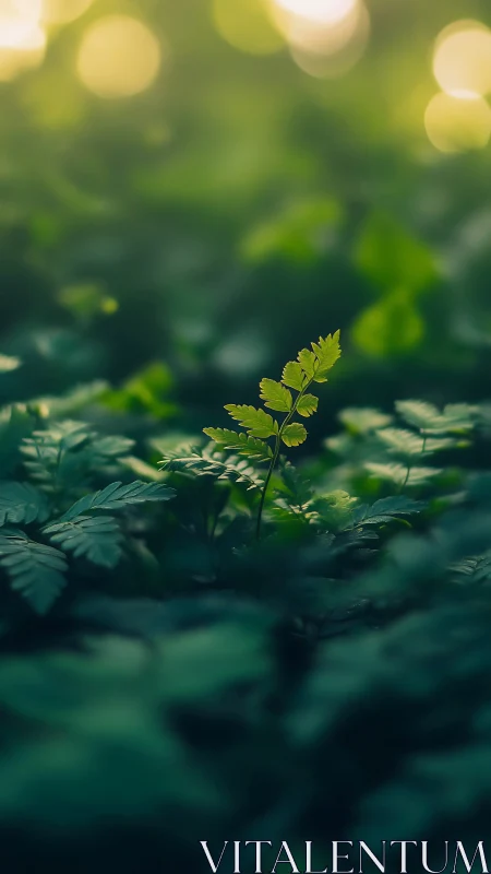 Selective focus macro of emergent fern frond in diffuse bokeh field.