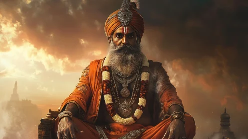 Elderly robed figure seated before storm-lit sky.