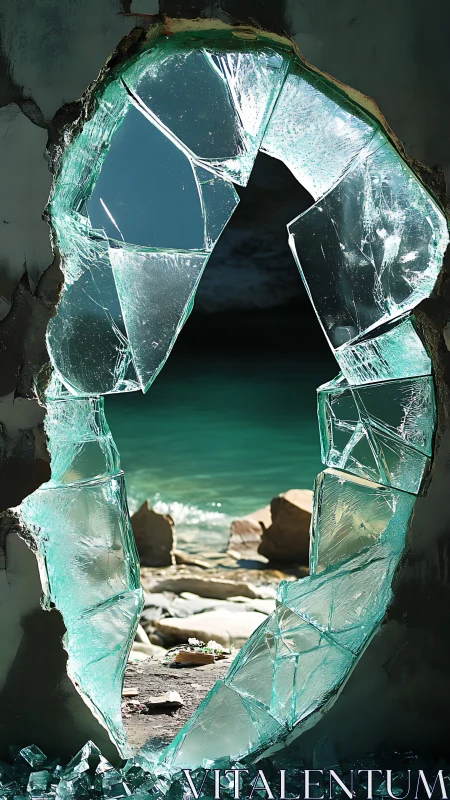 Shattered glass portal frames turquoise coastal shoreline.