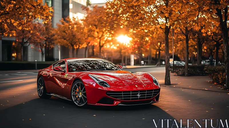 Red sports car parked on city street under autumn trees