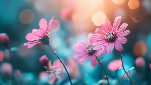 Pink Daisies Dancing in Golden Light.