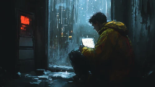 Hacker in rain soaked alley glows beneath laptop light.