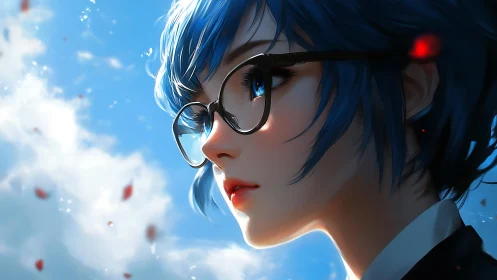 Blue-haired anime girl with glasses under bright sky.