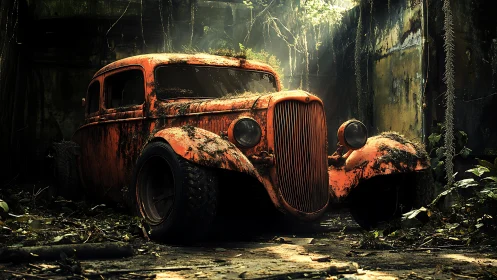 Abandoned vintage orange car decaying in overgrown ruin.