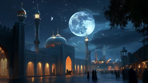 Moonlit mosque courtyard glows under deep blue night sky.