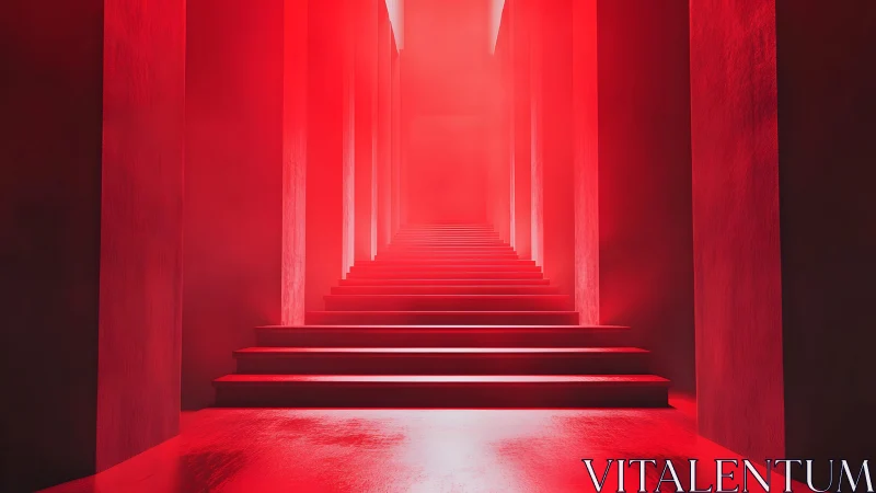 Dramatic Red Staircase in Futuristic Minimalist Architecture.
