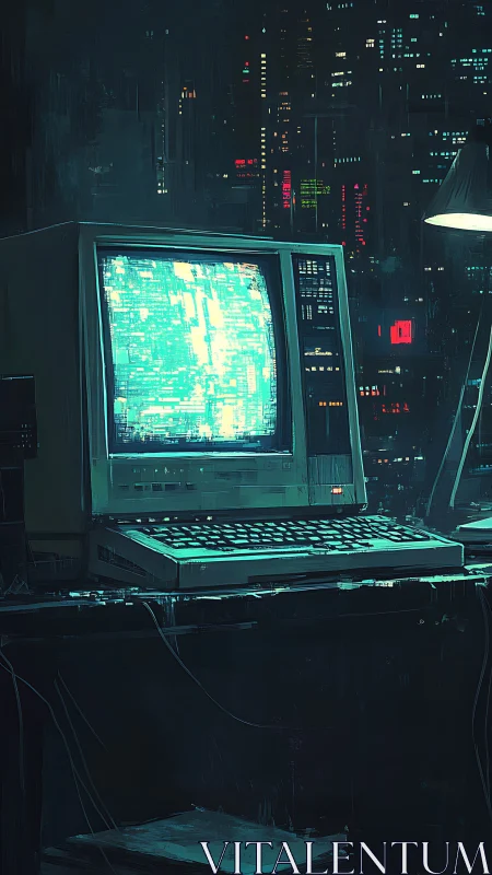 Retro terminal glows in moody cyberpunk city studio.