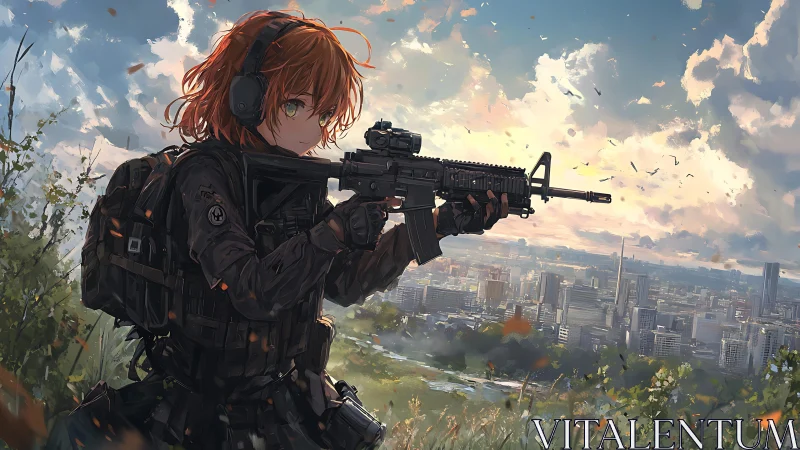 Armed female operative overlooking modern city skyline at dusk.