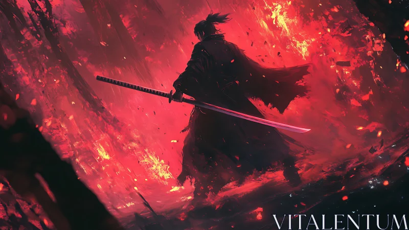 Lone emberblade samurai striding through a roaring crimson storm.
