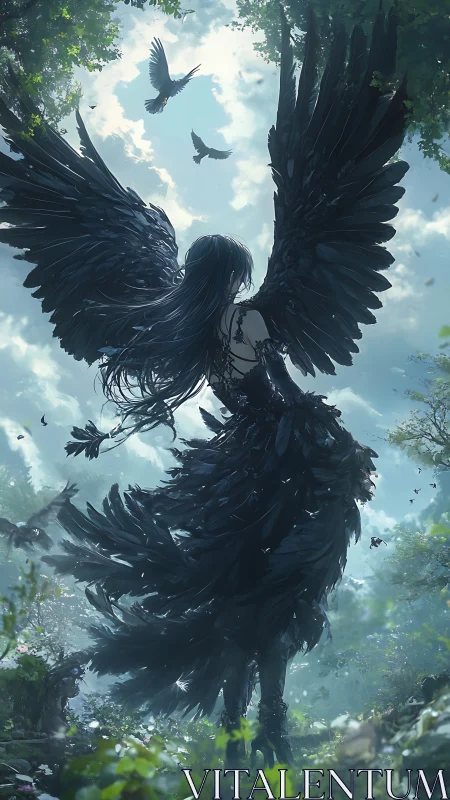 Dark winged angel rises over luminous forest clearing.