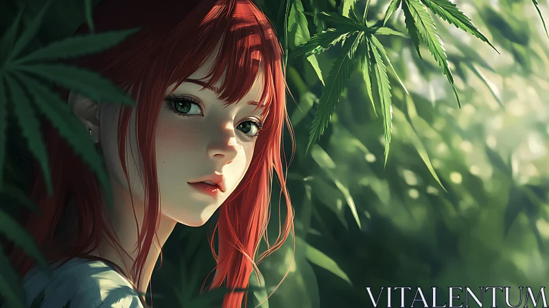 Red haired girl in lush foliage with soft rim lighting.