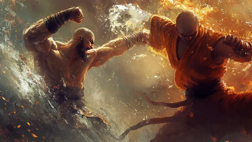 Elemental combatants in high-energy water versus fire impact.