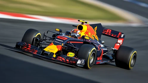 Formula 1 race car accelerates through track corner