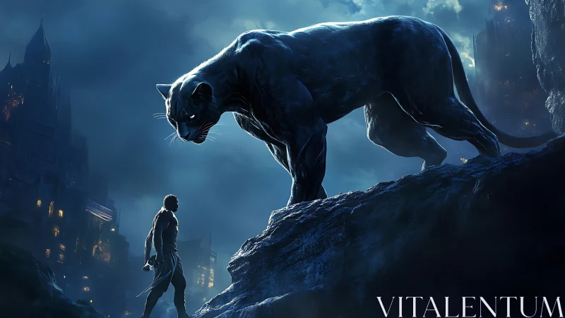 Dramatic Urban Encounter: Panther Confrontation with Human Figure.