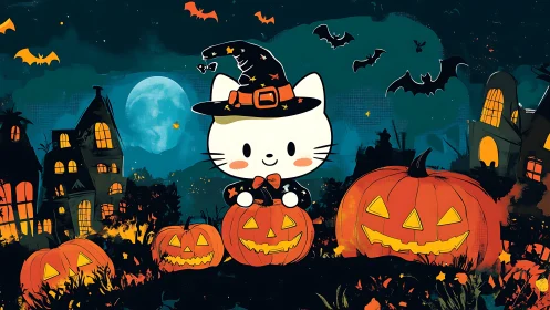 Cat Character in Witch Hat Among Jack-O'-Lanterns Against Night Sky
