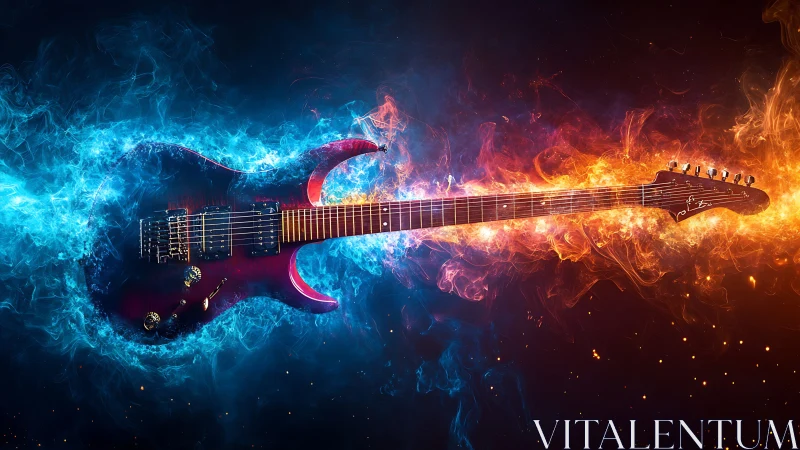 Electric guitar forged in fire and ice with vivid energy arcs.