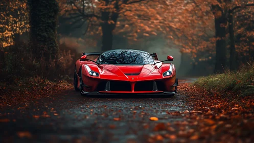 Scarlet supercar prowls a misty autumn forest lane in silence.