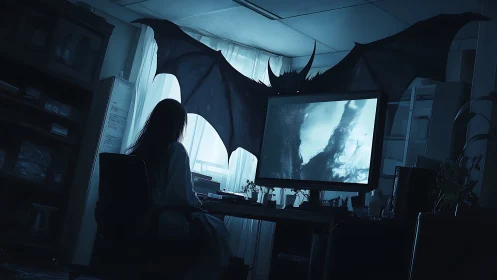 Cinematic office horror scene contrasts monitor glow and demon wings