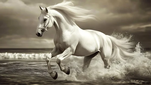 White stallion gallops through surf in high-contrast monochrome