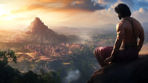 Warrior overlooking ancient city at warm sunset horizon.