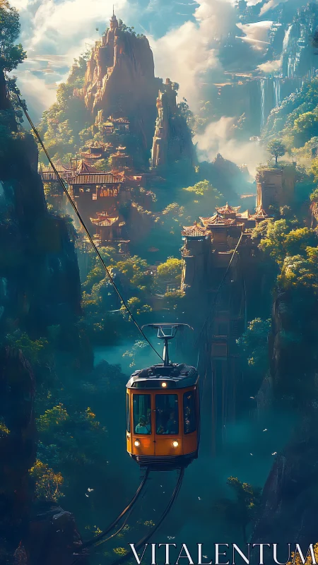 Sunlit mountain cable car drifting through hidden sky temples.