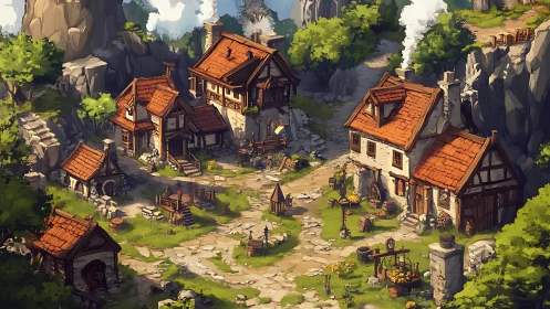 Sunlit mountain village square buzzing with gentle daily life.