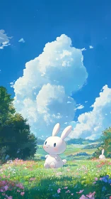 Cute white bunny sitting in sunny flower field landscape.