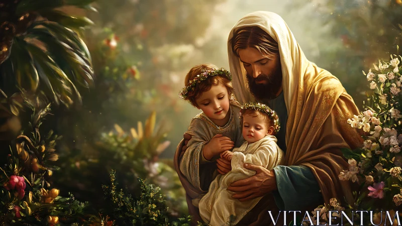 Gentle guardian cradles two children in a glowing garden