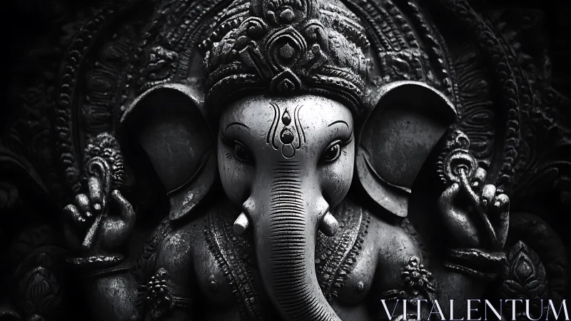 Silver-toned elephant deity gazes calmly through sculpted shadows