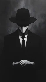 Faceless suited figure in dark monochrome environment.