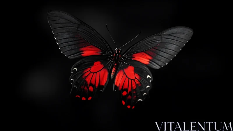 Black butterfly with red wing markings on dark background.