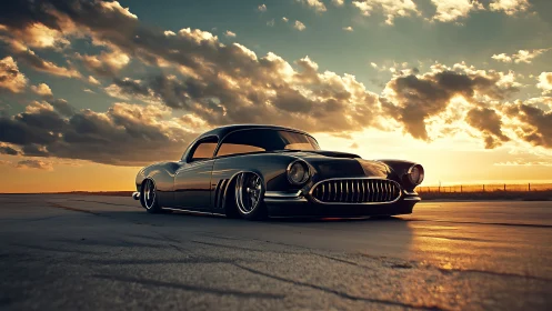 Low-slung classic coupe on open tarmac at sunset.