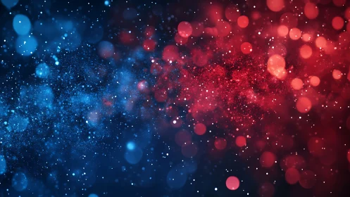 Red and blue bokeh light particles on dark abstract background.
