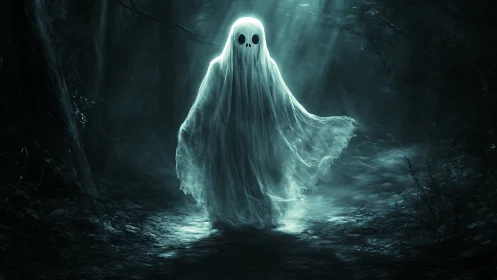 Gentle forest ghost drifting through moonlit mist.