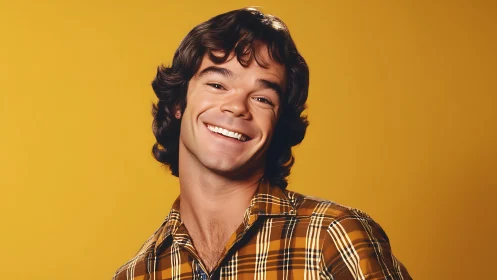 Retro studio portrait of smiling man in yellow plaid shirt