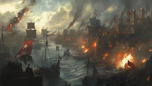 Storm-swept harbor erupts in blazing siege and roaring flames