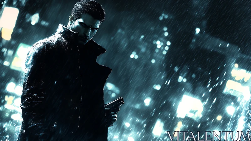 Armed man in long coat stands in rainy neon city street.